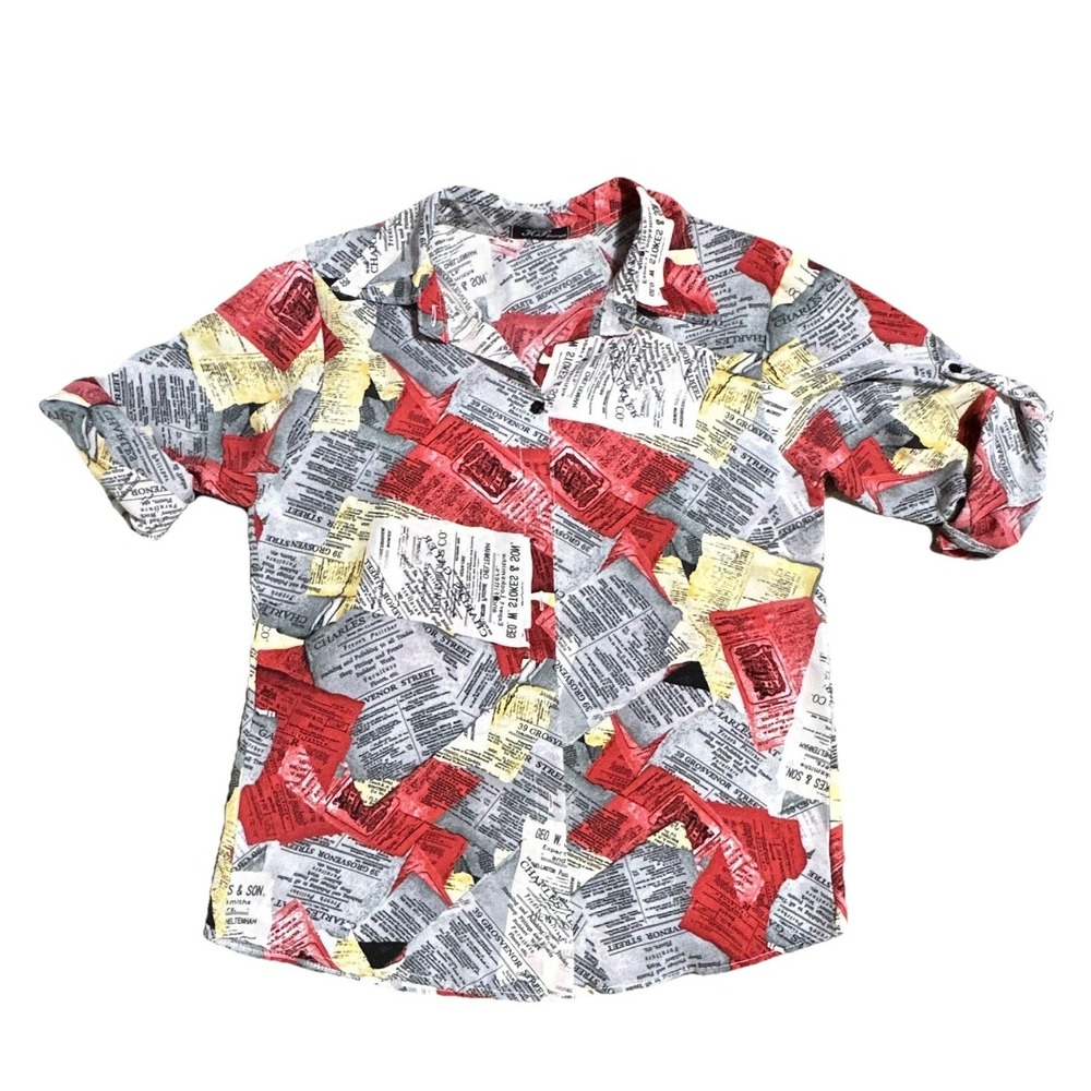 Women's Graphic Print newspapers print long Sleeve Button-Up Shirt M